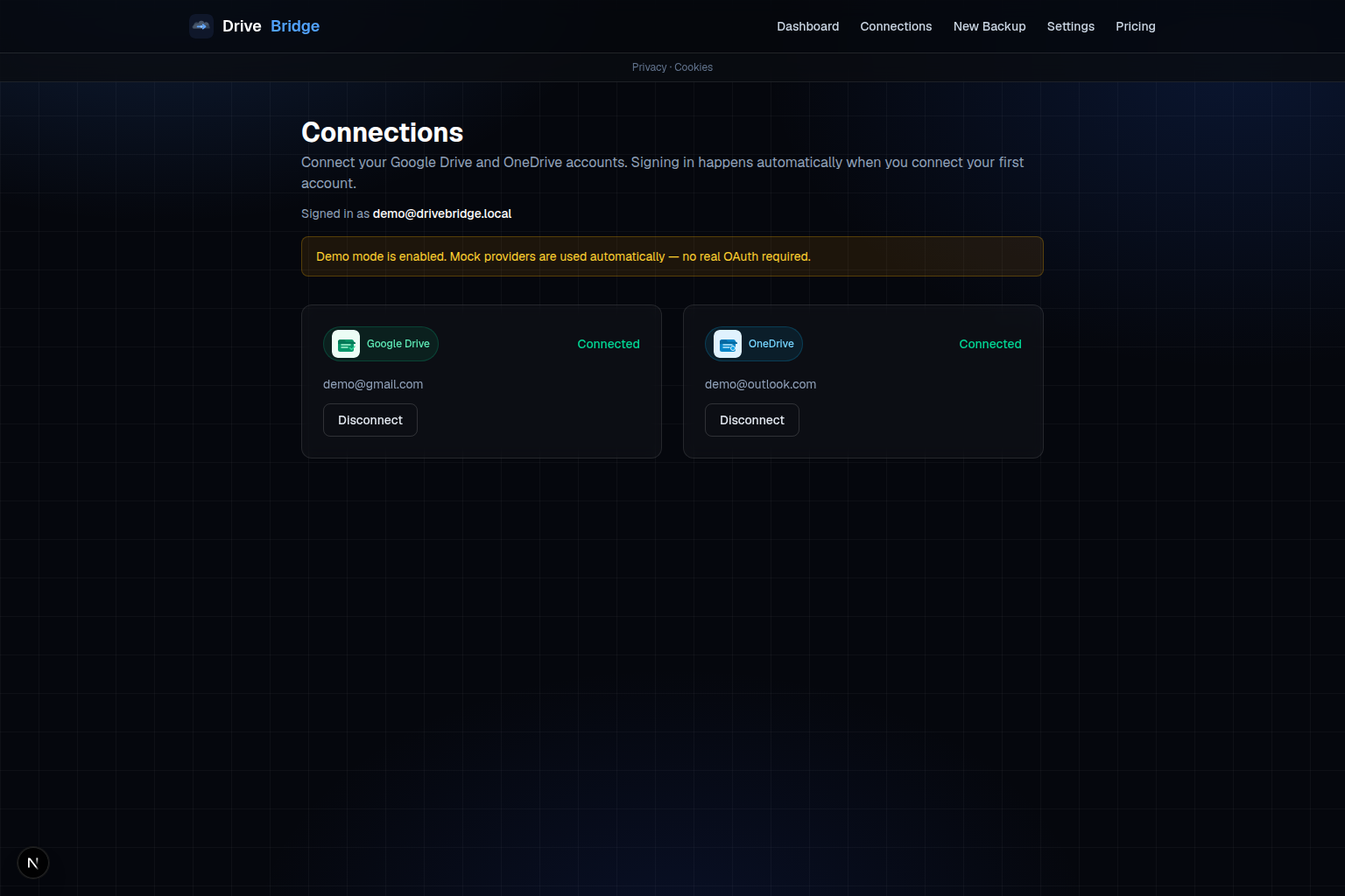 DriveBridge connections page with Google Drive and OneDrive linked