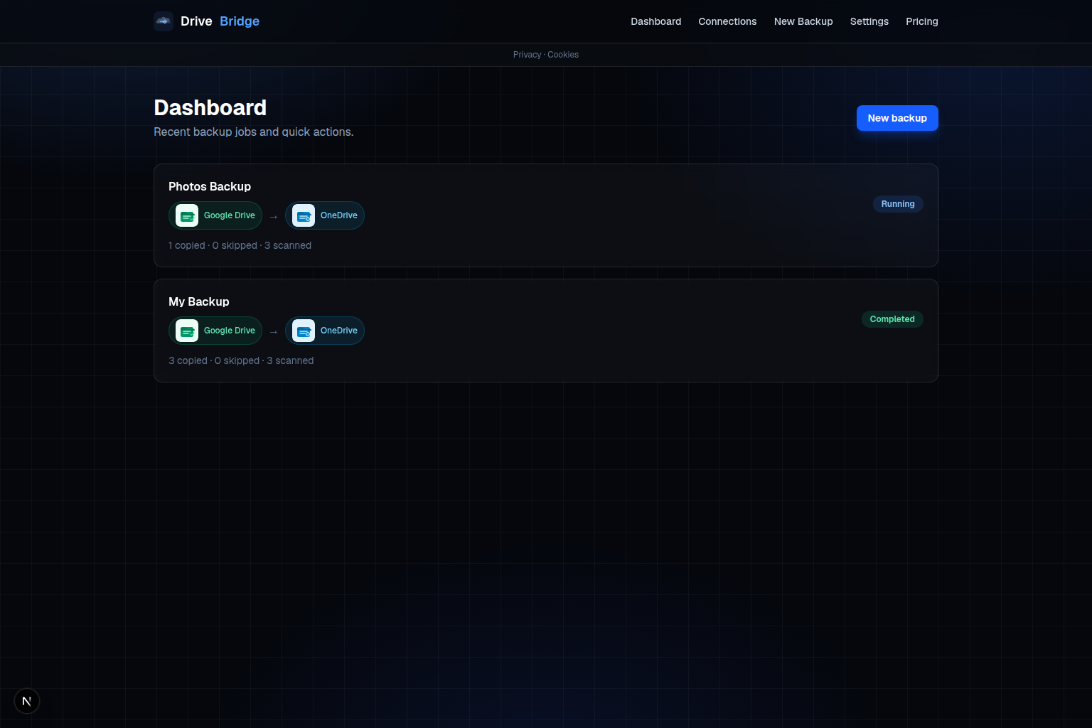 DriveBridge dashboard listing recent backup jobs