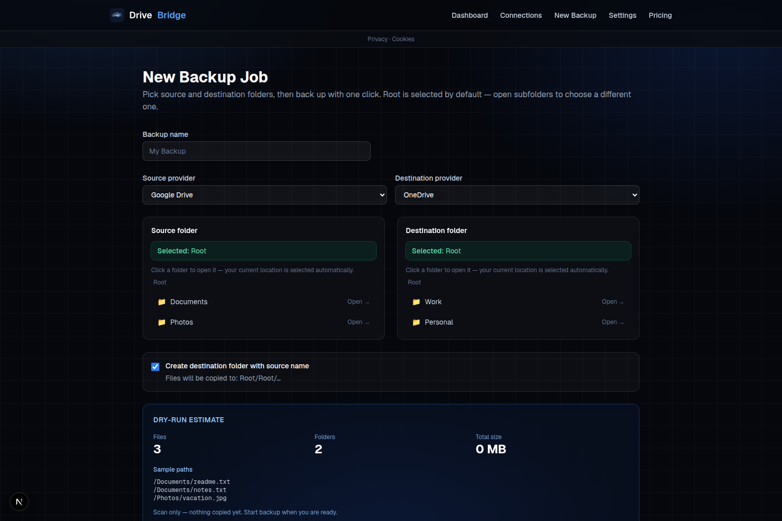 DriveBridge dry-run estimate panel