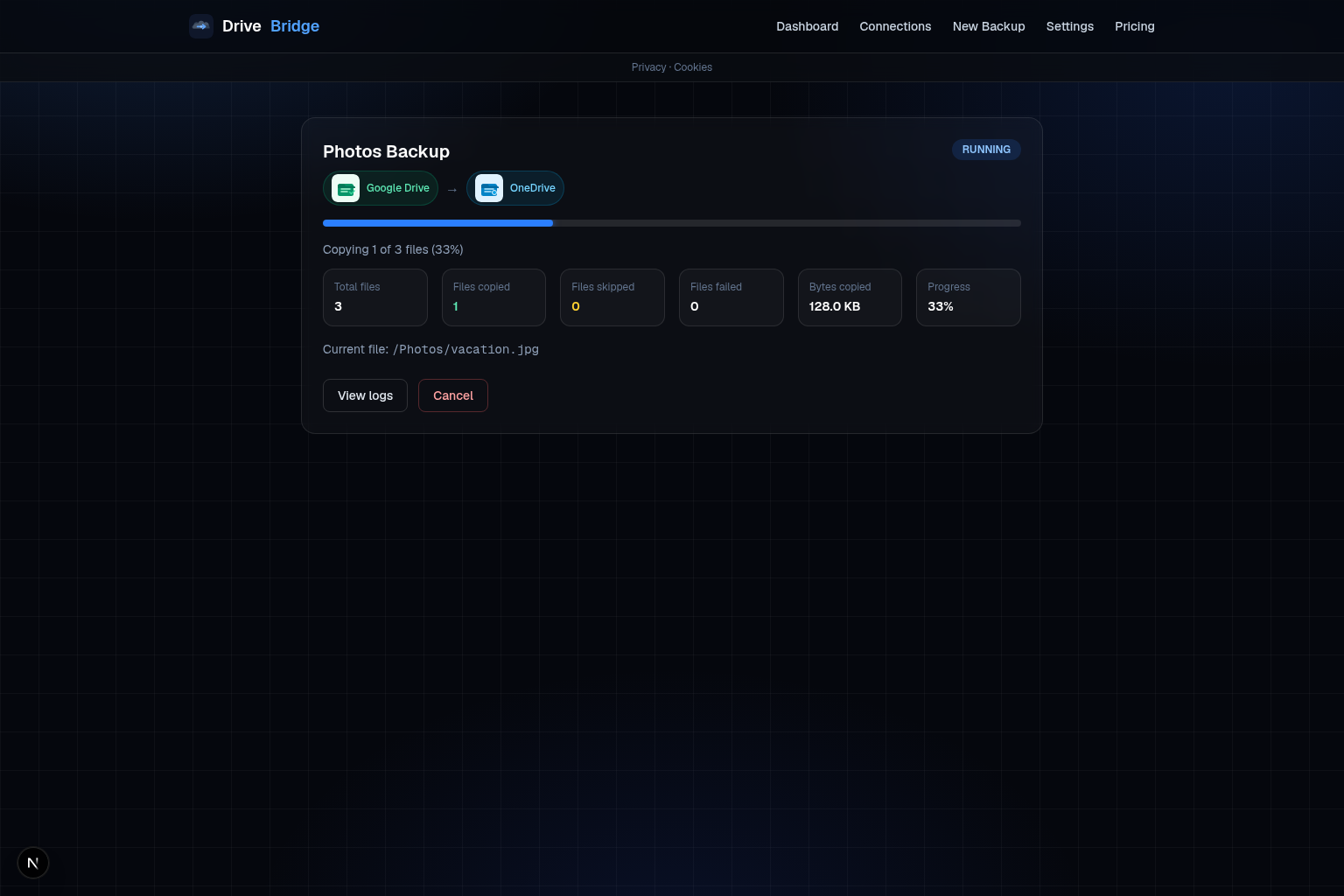 DriveBridge job progress with live file logs